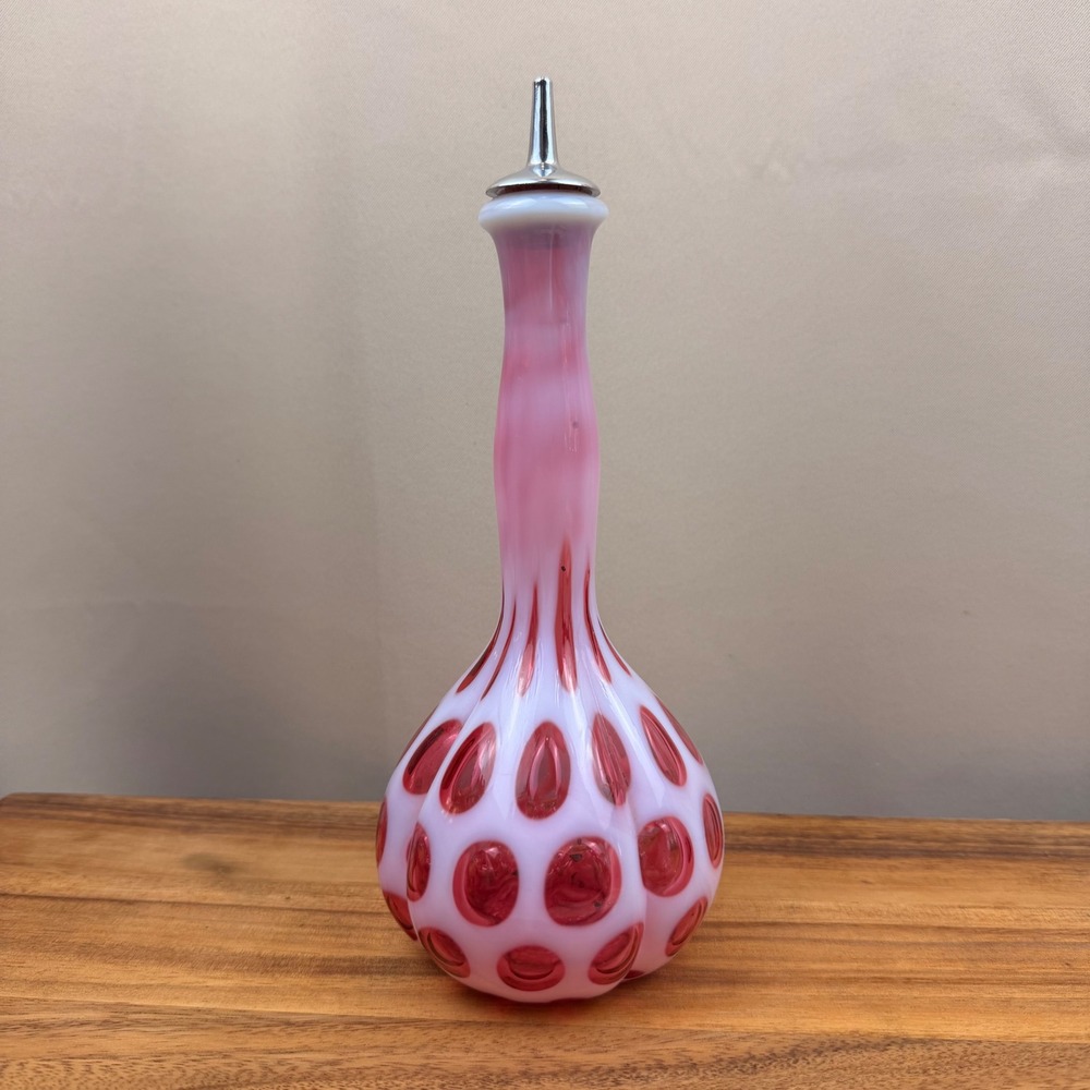 Fenton Barber Bottle Cranberry Opalescent Coin Dot Pink White Art Glass Vintage